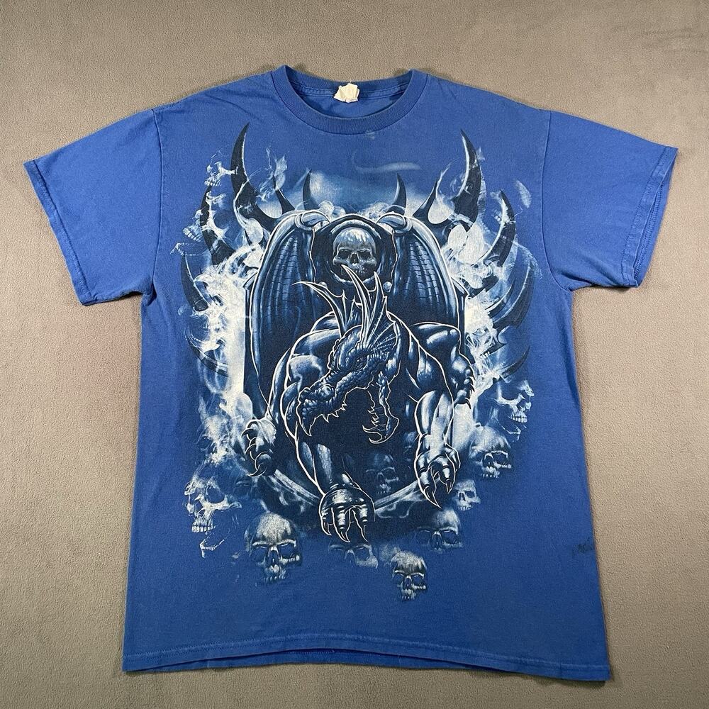 Vintage Dragon Shirt Mens Medium Blue Y2K Skulls Fire Flames Horns Wings Grunge - Picture 1 of 12